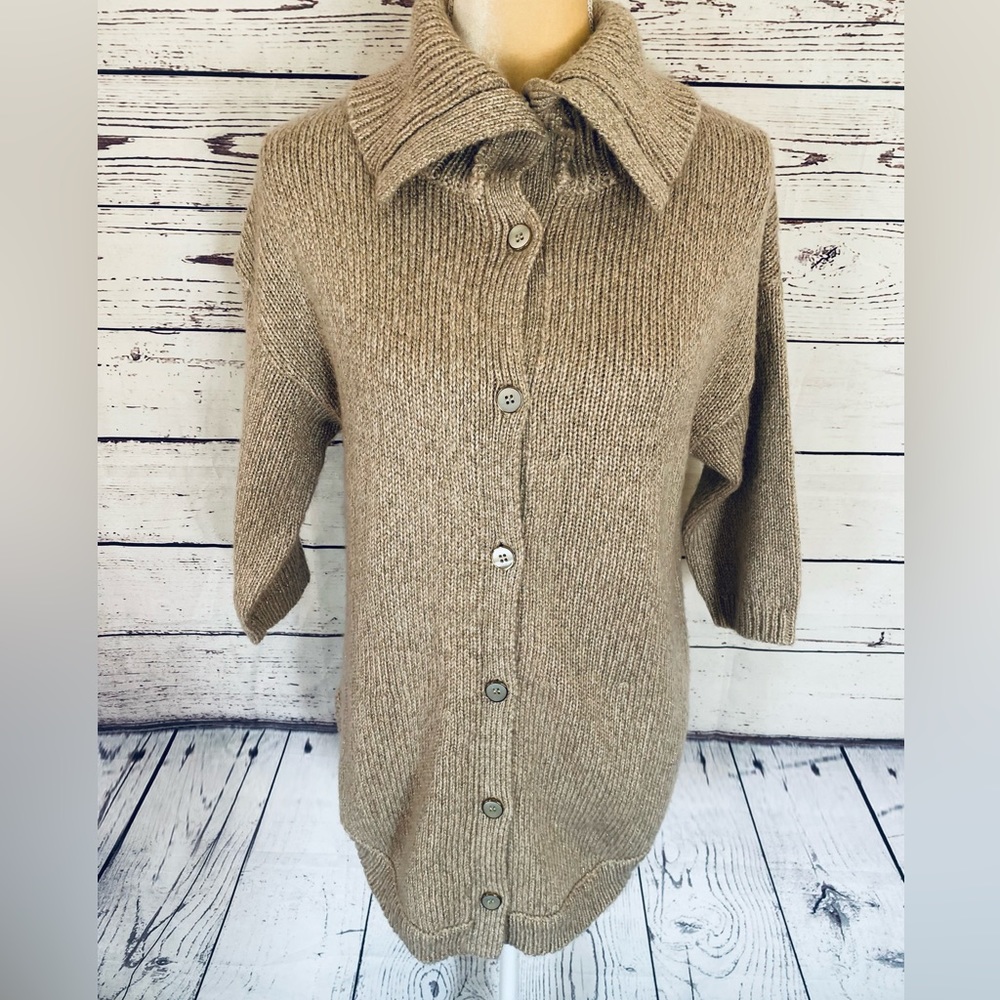 Women’s Size 16 Sweater Mayoral Heavyweight Knit Tan Gold Glittered Button Down